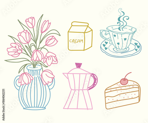 Cozy illustration set with tulip vase, hot coffee, moka pot and cake slice in hand-drawn style. Perfect for café branding, menus, lifestyle blogs, posters, packaging and social media content.
