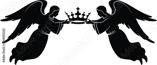 Silhouette of angel wings with crown emblem on white background