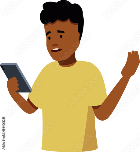 Confused young man looking at his mobile phone and reacting to bad news