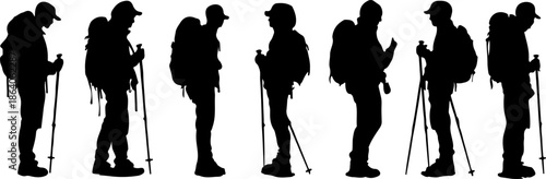 Hiking People Silhouette Vector Set – Backpackers with Trekking Poles in Side View | Outdoor Adventure, Travel, and Mountain Hiking Graphic Icons