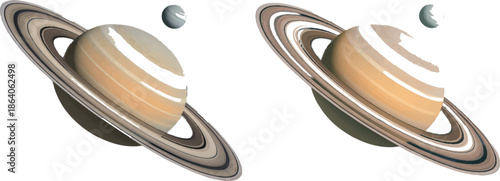 Aerial view of dual Saturn-like planets with moons in a futuristic space environment