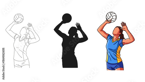 Collection of graphic representations showing a female volleyball player preparing to set or serve the ball showcasing line art silhouette and color versions