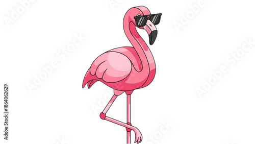 A vibrant pink flamingo illustration standing elegantly with sunglasses on a white background from a side viewpoint