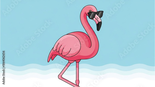 A vibrant flamingo standing on one leg on a sunny beach, wearing sunglasses, against a serene ocean backdrop with gentle waves.
