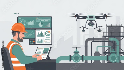 Industrial IoT Control Panel with Drone Inspection System Flat Vector Illustration