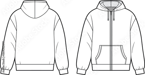 CAD streetwear flat vector illustration of blank pullover and zip up hoodie technical drawing templates for fashion design apparel mockups