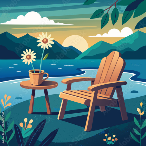 Kursi kayu dipinggir danau diatas kursi ada bunga dan secangkir kopi
