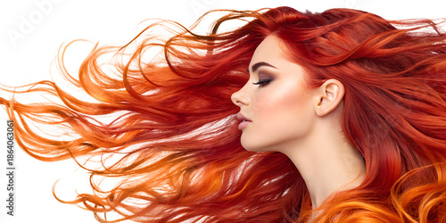 Red female hair transforming into fire flames and flowing red hair transforms into dynamic flames isolated on a white or transparent background.