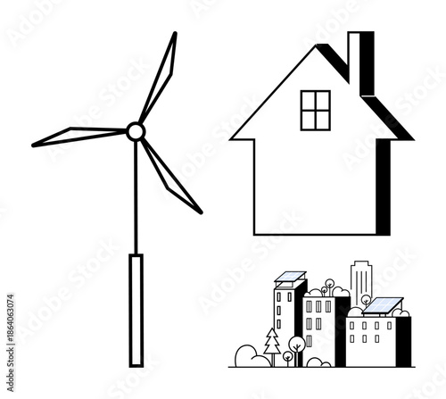 Renewable energy, sustainable living, eco technology, clean energy, urban planning, green solutions. Wind turbine, eco-house outline urban landscape with solar panels. Renewable energy