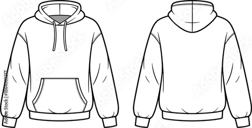 CAD streetwear flat vector illustration of an oversized hooded sweatshirt technical drawing template with front and back views for fashion
