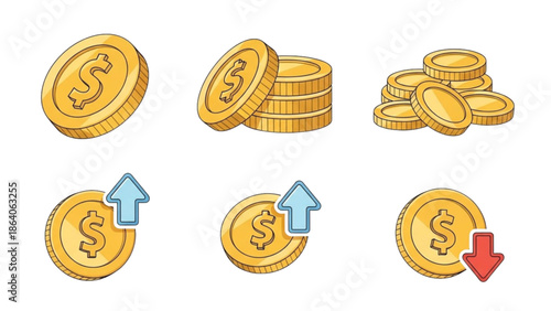Stacks of gold coins with currency symbols and directional arrows indicating financial trends and transactions