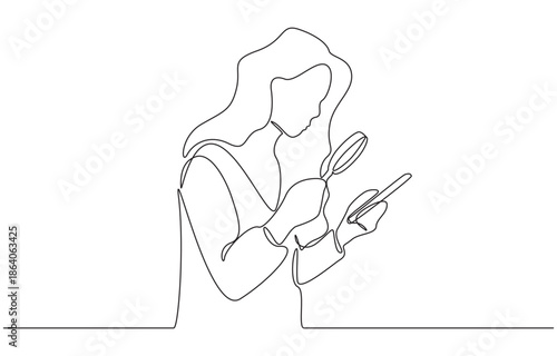 Continuous one line drawing of woman examining information on smartphone with magnifying glass, symbolizing fact-checking, and mindful interaction with technology, single line art.