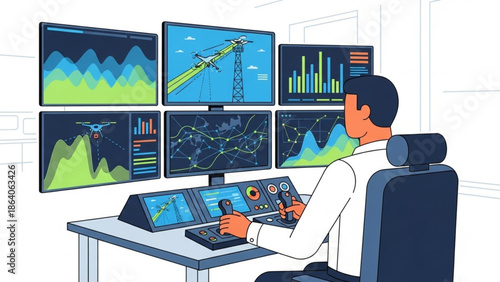 Enterprise Drone Monitoring and Command Center System Flat Vector