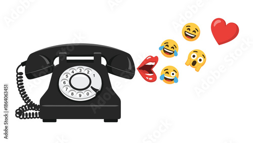 Vintage rotary phone with laughing emojis and heart symbol