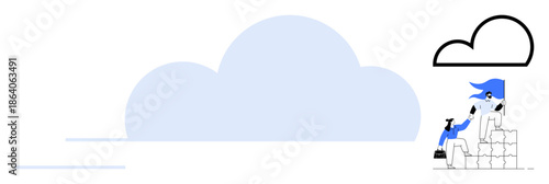 Cloud computing, teamwork, data management, digital collaboration, remote work, technology solutions. Illustration of a large cloud with individuals climbing blocks. Cloud computing and teamwork