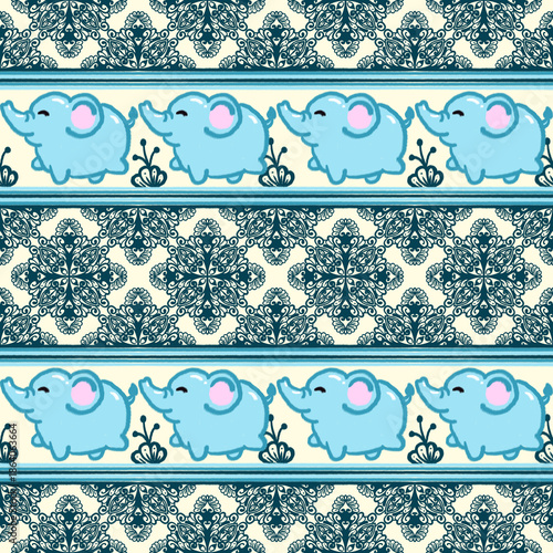 Cute Blue Elephant Seamless Pattern