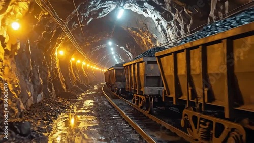 Underground mine train carrying raw materials through a dark tunnel.