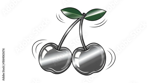 Shiny cherries spinning on stem with green leaves in mid-air motion