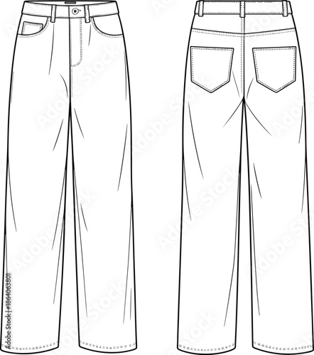 Wide leg streetwear jeans technical flat CAD vector illustration front and back view fashion denim pants design template street style