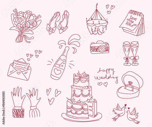 Hand-drawn wedding doodle icon set with flowers, rings, wedding cake, champagne and love symbols. Simple romantic line art perfect for invitations, cards, posters, planners and wedding themed designs.