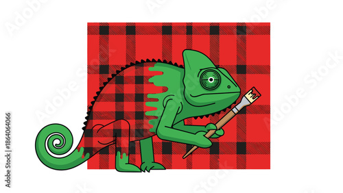 Green chameleon artist with paintbrush on red plaid background