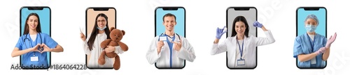 Set of doctors popping out of smartphone screens on white background