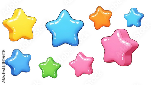 Colorful star-shaped objects arranged in a scattered formation on a plain white background viewed from directly above