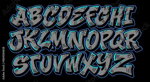 Hand-drawn street graffiti style alphabet. Vector colored alphabet on a black background.