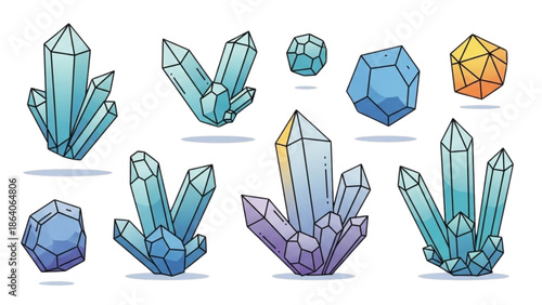 Assorted crystals and gemstones displayed in a collection, showcasing various shapes and colors, in a clean and minimalist environment, viewed from directly above.