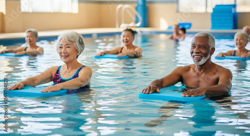 Diverse group of happy senior adults enjoying an aqua aerobics class in a swimming pool, holding blue foam floats and smiling.
