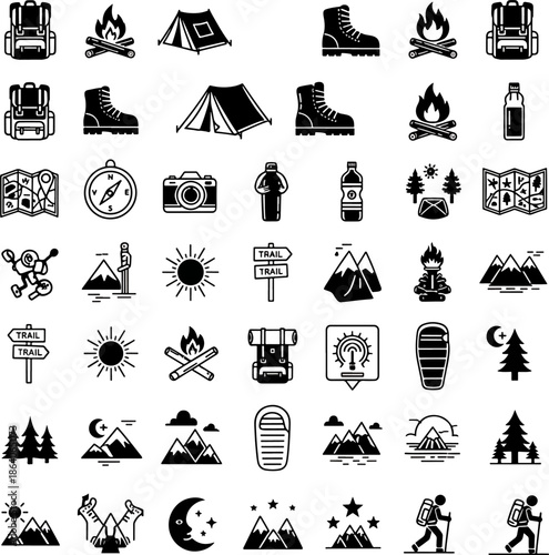 Collection of Camping and Hiking Icons Adventure Gear Backpack Tent Boots Campfire Compass Camera Map and Nature Elements