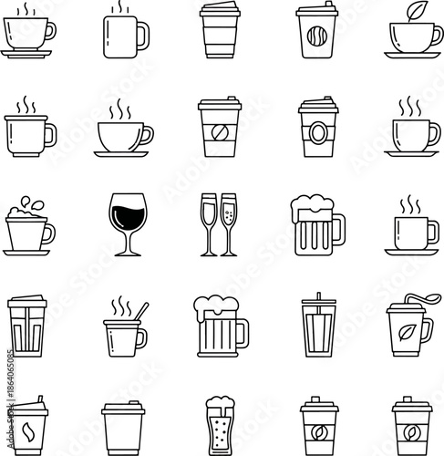 Collection of Coffee Cups Mugs and Drinks Icons Set Vector Outline Style Hot Beverages and Cold Drinks