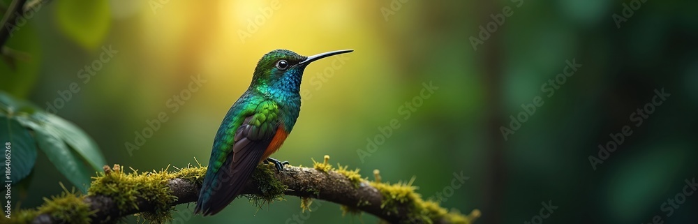 Fototapeta premium Emerald green hummingbird with orange breast rests on mossy tree branch. Tiny bird with long beak surveys jungle foliage. Sunlight shines through leaves creating warm bokeh effect.