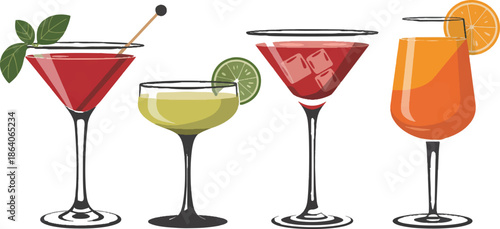 Assorted colorful cocktails arranged on a clean white background, viewed from directly above