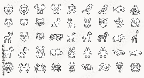 Collection of Hand Drawn Animal Icons Featuring a Variety of Creatures in a Simple Line Art Style