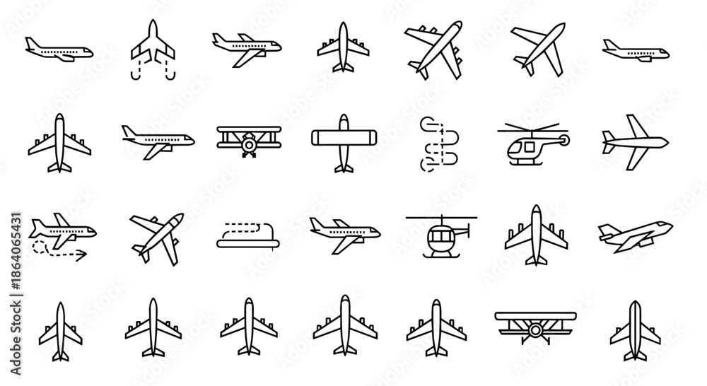 Naklejka premium Collection of stylized aircraft icons including airplanes, helicopters, and biplanes for various transport and travel concepts