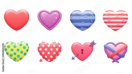 Assorted heart illustrations displayed on a white background with varied designs and patterns