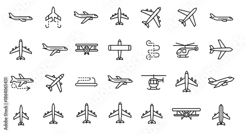 Collection of stylized aircraft icons including airplanes, helicopters, and biplanes for various transport and travel concepts