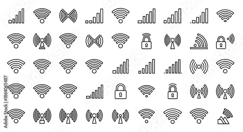 Collection of Wireless Signal Icons, WiFi Symbols, Network Strength Indicators, and Security Locks, Isolated on White Background