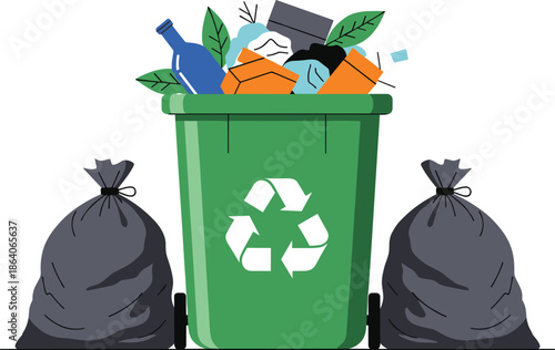 Flat vector illustration of a green recycling bin overflowing with waste and trash bags for environmental sustainability concepts