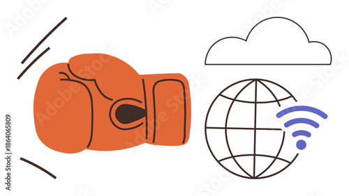 Cybersecurity, digital protection, online threats, technology conflict, internet safety, global connectivity. Boxing glove next to globe and wireless icon. Cybersecurity and digital protection