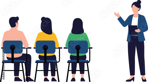 Flat vector illustration of a teacher with a clipboard presenting to a diverse group of students in class