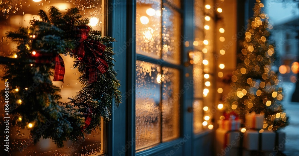 custom made wallpaper toronto digitalCozy winter scene. Wreath hangs near window, lights glow warmly. Presents visible outside, suggesting festive holiday spirit.