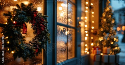 Wallpaper Mural Cozy winter scene. Wreath hangs near window, lights glow warmly. Presents visible outside, suggesting festive holiday spirit. Torontodigital.ca