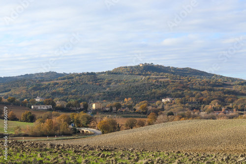 A beautiful Tuscany landscape with olive trees on the hillside, rolling fields in the foreground and winding road leading to a charming village at the base of the hill. Autumn colors enhance the view