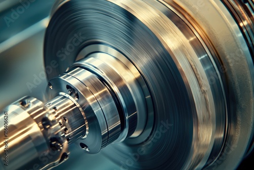 Close-up of industrial lathe machine in action with spinning steel slide and aluminum drum, highlighting precision engineering for automotive manufacturing