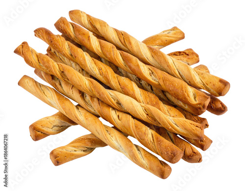 Overhead shot of a pile of golden-brown, twisted breadsticks on a transparent background