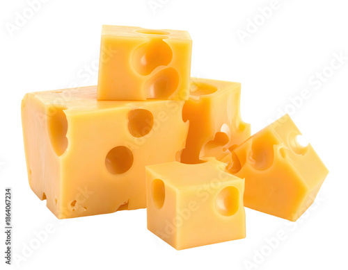 Close-up of several cheddar cheese cubes, stacked and isolated against a black backdrop