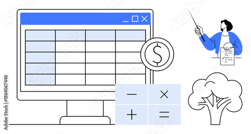 Spreadsheet on screen, calculator with math functions, figure pointing to a document, tree icon. Ideal for finance, accounting, calculation, sustainability, education analysis business planning