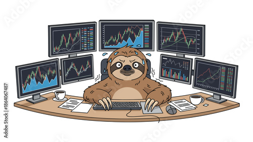Overwhelmed sloth trader analyzing stock market data on multiple screens